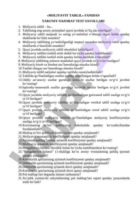 Moliyaviy tahlil fanidan yakuniy nazorat test savollari