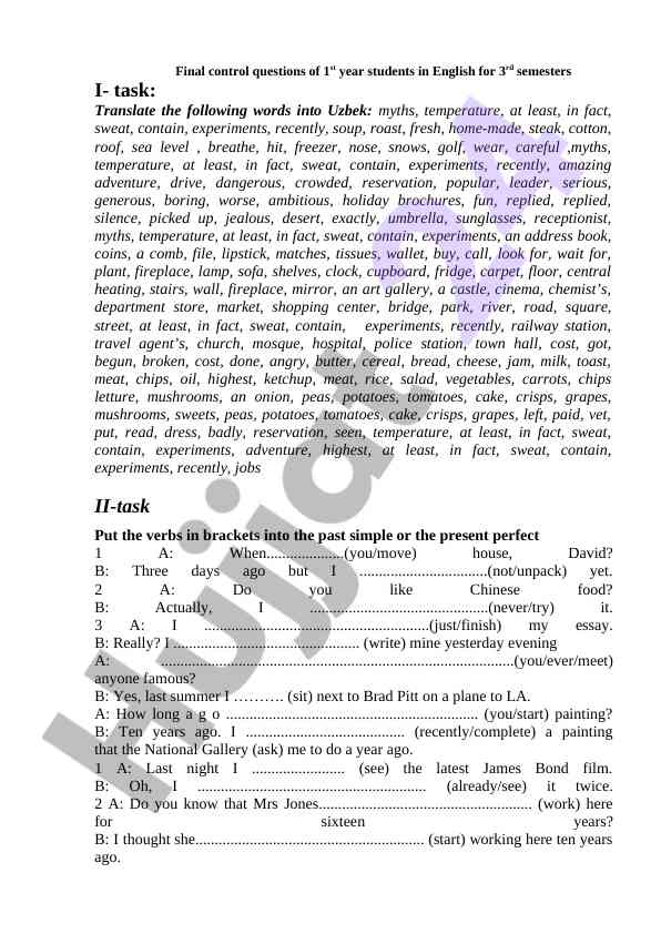 Final control questions for english language students