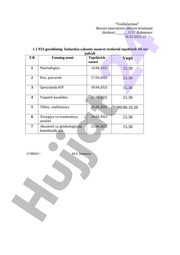 Fanlardan yakuniy nazorat testlari jadvali