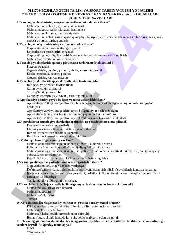 Texnologiya o‘qitish metodikasi test savollari