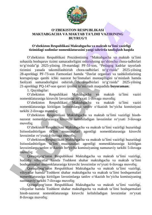 Maktabgacha va maktab ta’limi vazirligi buyrug‘i