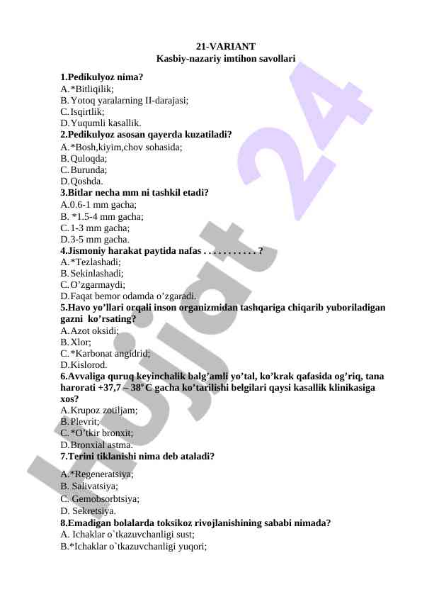 Pedikulyoz va jismoniy harakat imtihon savollari