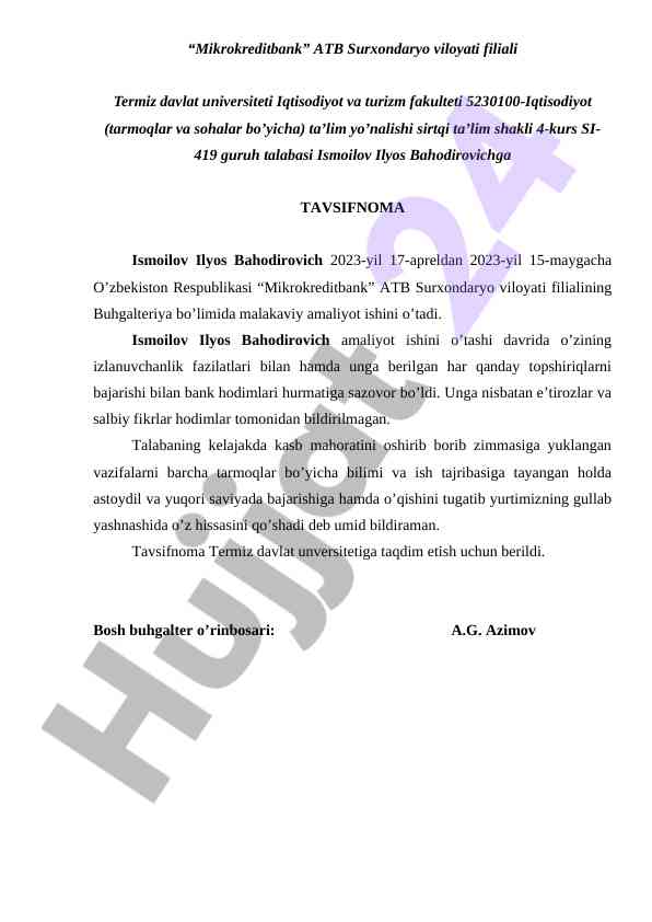 Mikrokreditbankda amaliyot o‘tash tajribasi