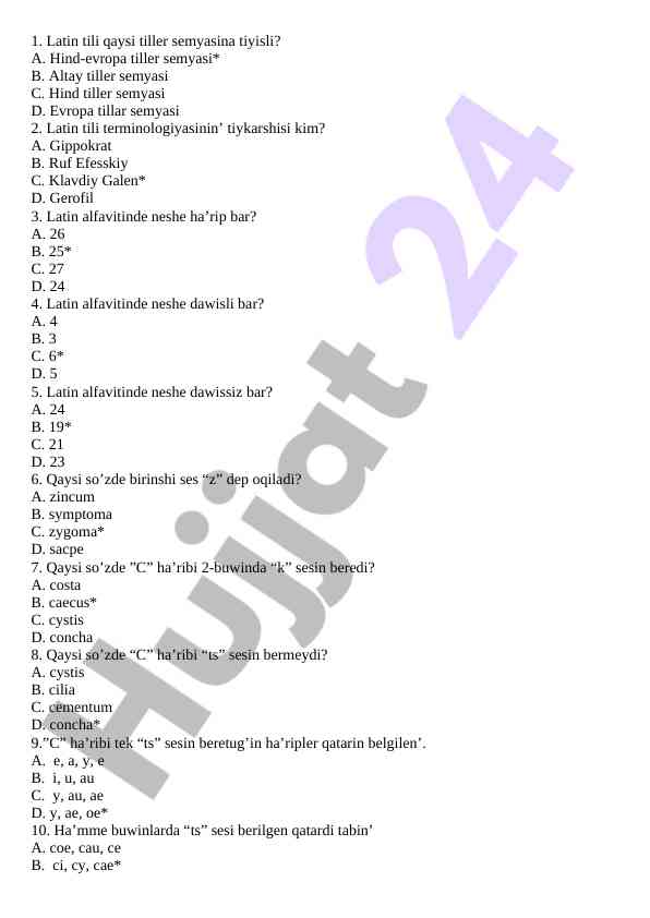 Latin tili bo'yicha test savollari