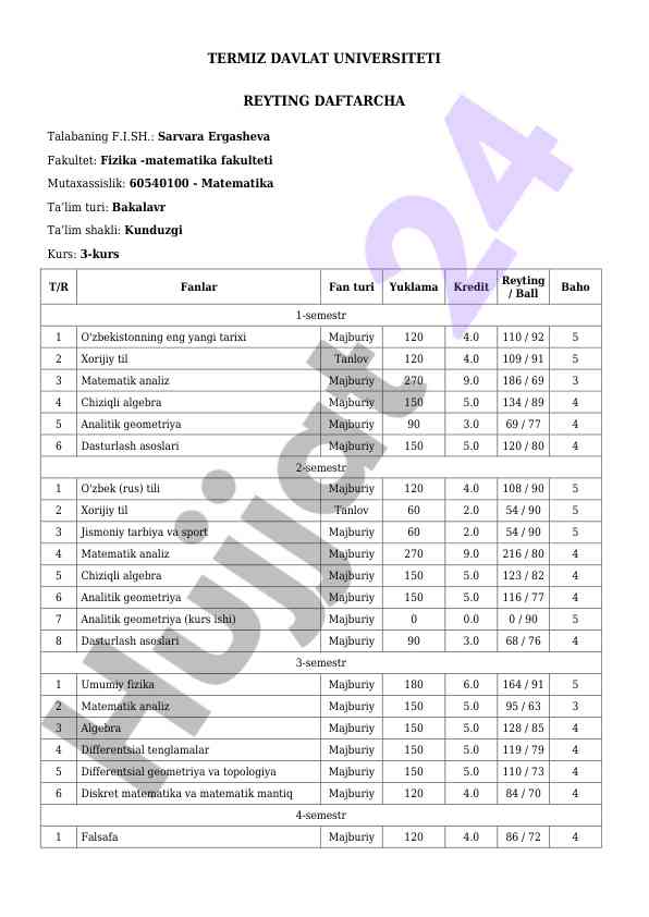 Matematika kurs reytingi 3-kurs talabalari uchun