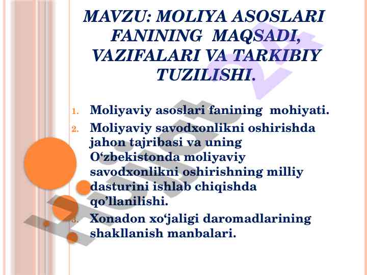 Moliya asoslari fani maqsadi va vazifalari
