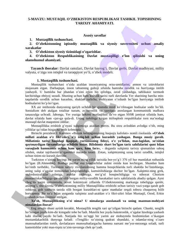 Mustaqil o'zbekiston respublikasi tarixiy ahamiyati
