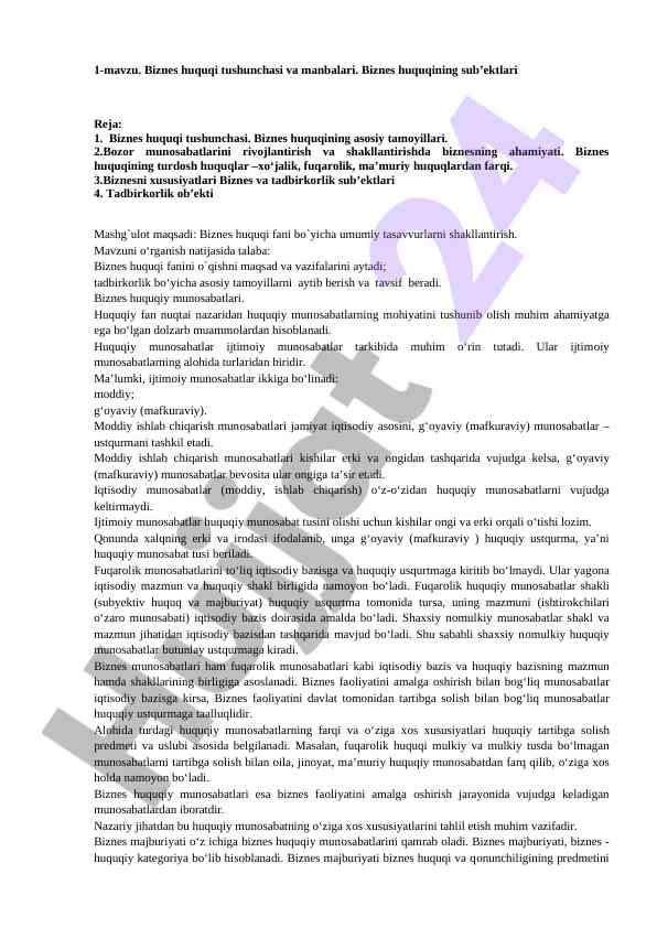 Biznes huquqi tushunchasi va manbalari