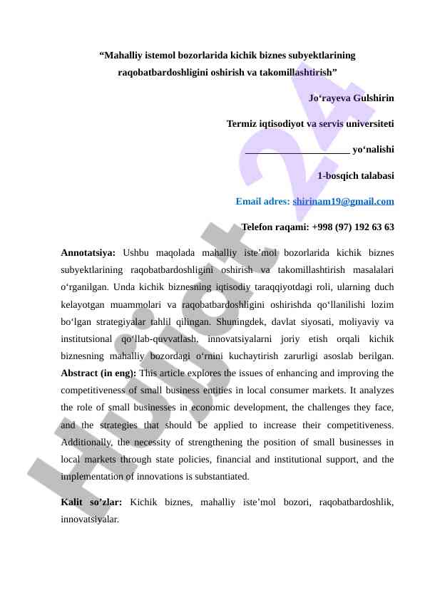 Mahalliy iste'mol bozorlarida kichik biznes raqobati