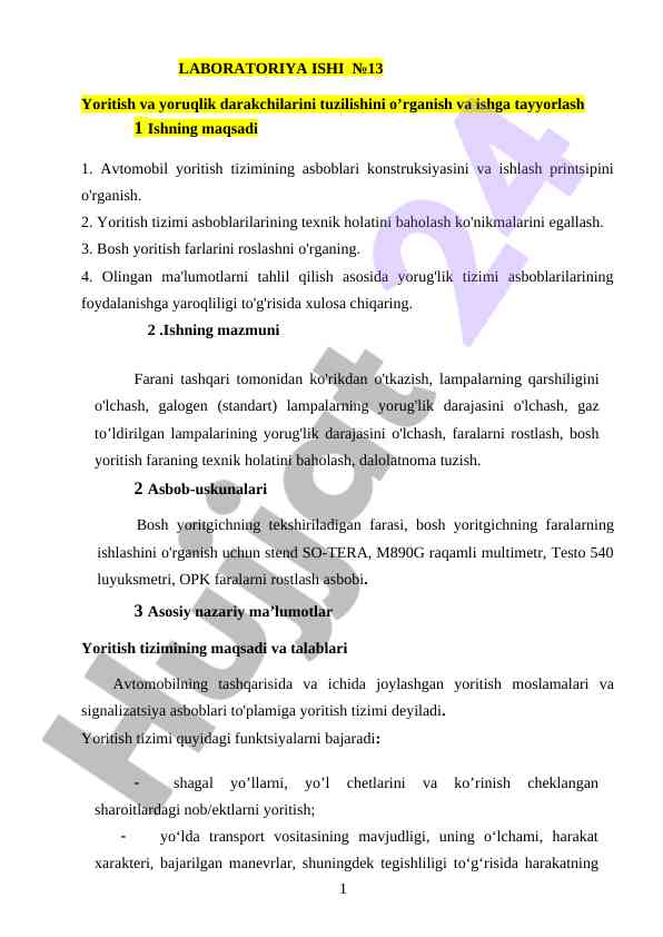 Avtomobil yoritish tizimining asboblarini o'rganish