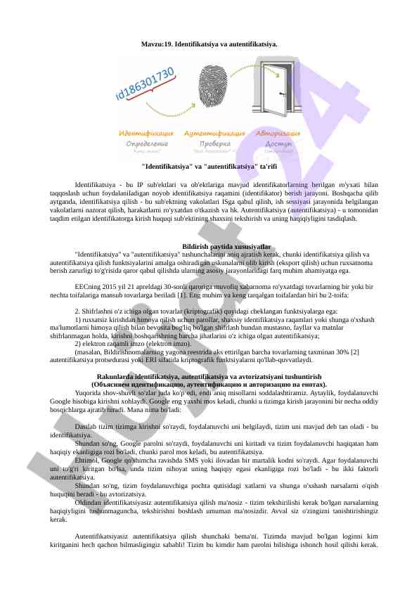 Identifikatsiya va autentifikatsiya tushunchalari