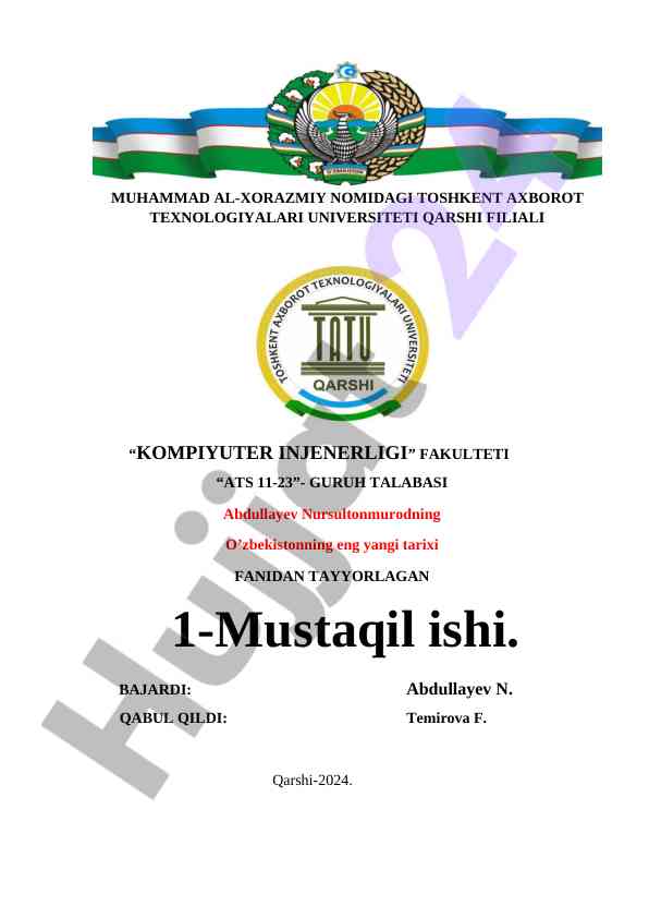 O‘zbekistonning eng yangi tarixi bo‘yicha mustaqil ish