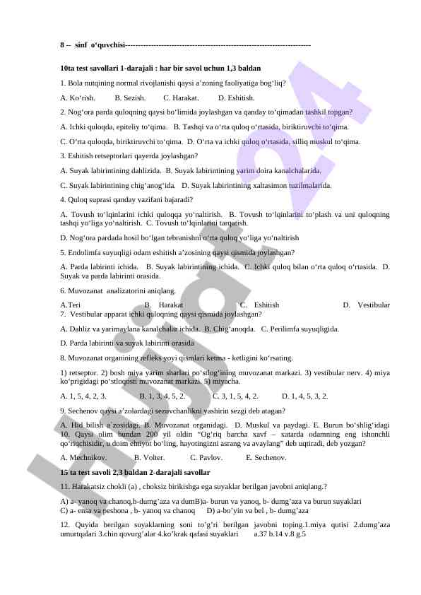 8-sinf o‘quvchilari uchun test savollari