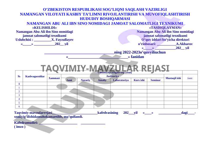 O’quv yili taqvimiy-mavzular rejasi