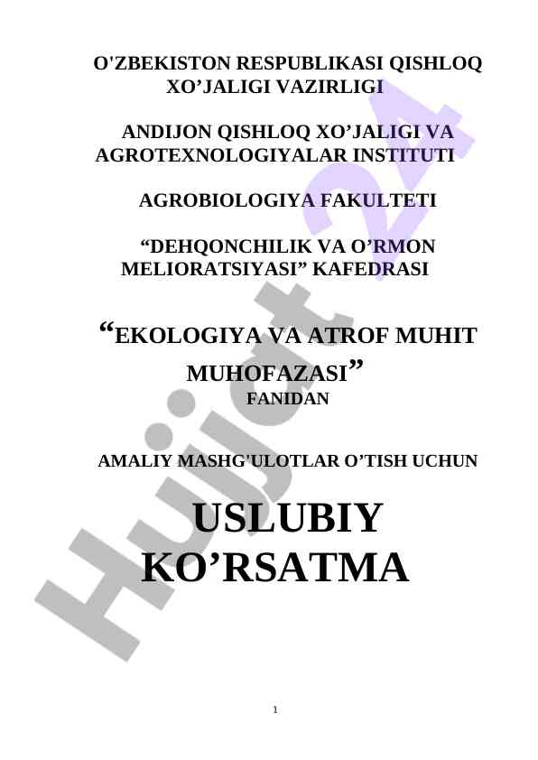 Ekologiya va atrof muhit muhofazasi uslubiy ko’rsatma