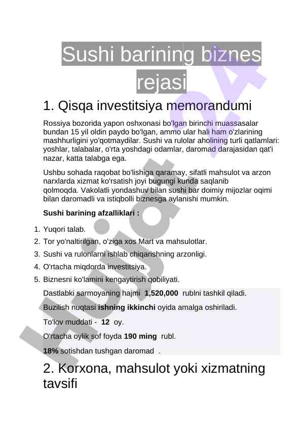 Sushi barining biznes rejasi va investitsiya strategiyasi