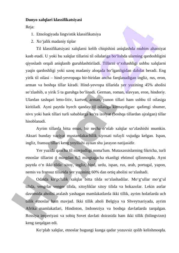Dunyo xalqlari klassifikatsiyasi va lingvistik tahlil