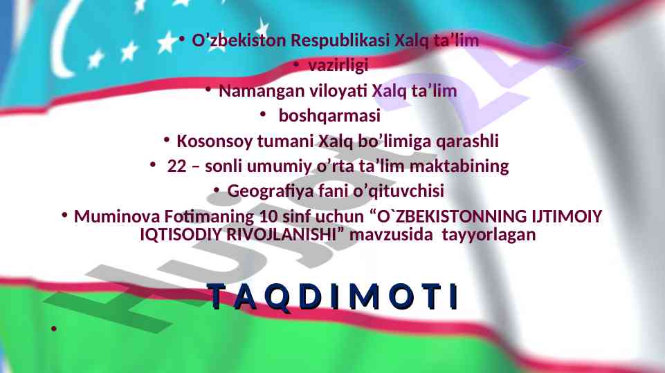 O'zbekistonning ijtimoiy iqtisodiy rivojlanishi