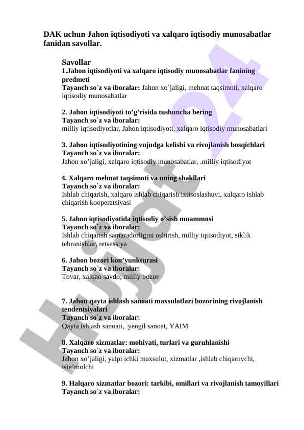 Savollar bo'yicha jahon iqtisodiyoti tahlili