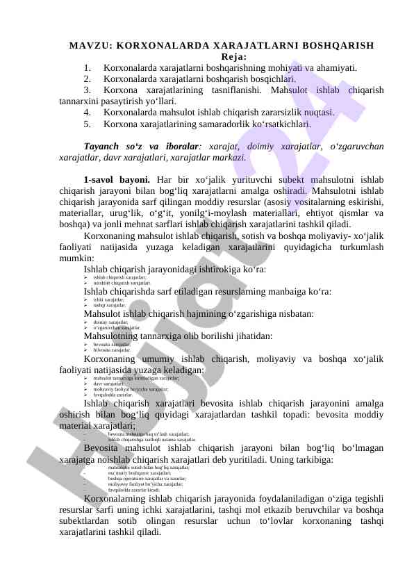 Korxonalarda xarajatlarni boshqarish ahamiyati