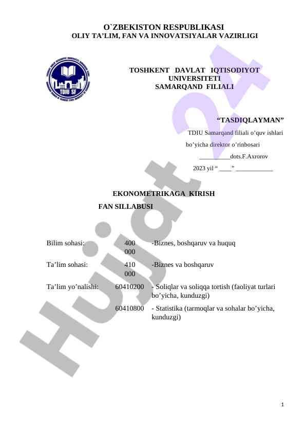 Ekonometrikaga kirish fan sillabusi 2023