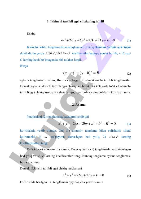 Ikkinchi tartibli egri chiziqlar tafsilotlari