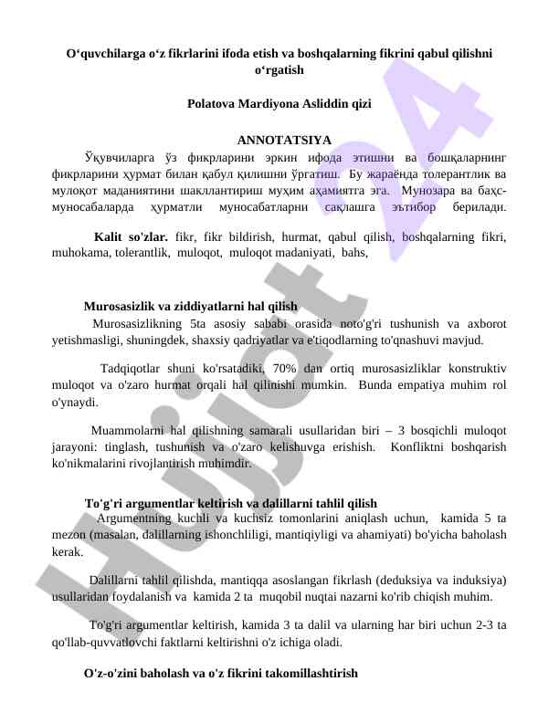 O‘quvchilar uchun muloqot va tolerantlikni o‘rganish