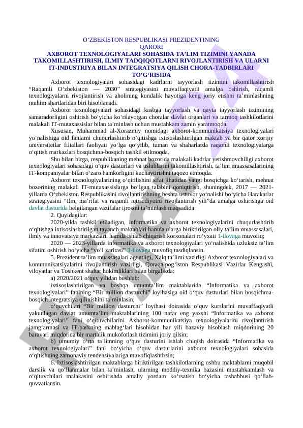 Raqamli texnologiyalarni o‘qitish tizimini takomillashtirish