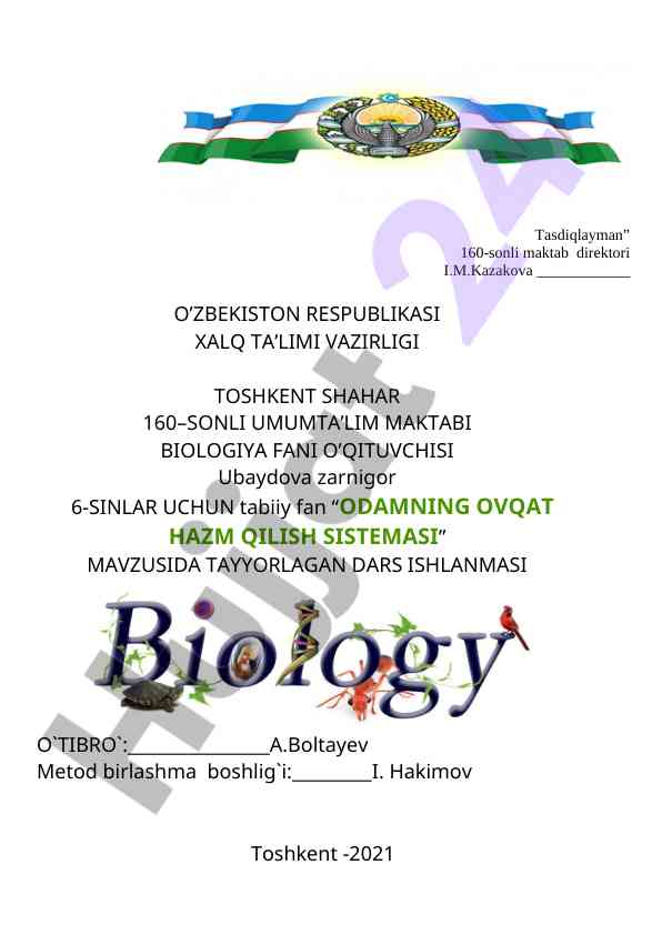Odamning ovqat hazm qilish tizimasi dars ishlanmasi