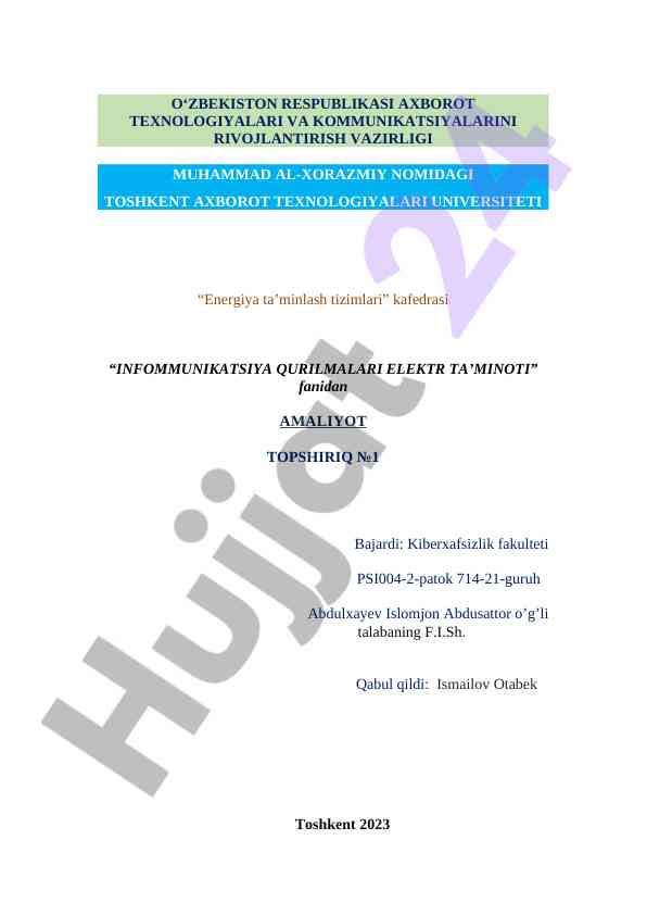 Energiya ta’minlash tizimlari amaliyot topshiriqi