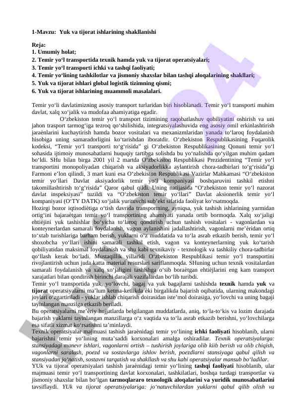 Yuk va tijorat ishlarining shakllanishi va raqobat