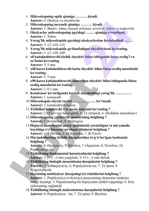Mikroskop qo‘llanilishi bilan bog‘liq savollar