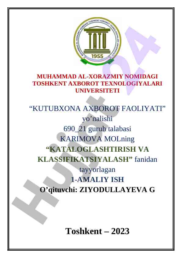 Kataloglashtirish va klassifikatsiyalash amaliy ish