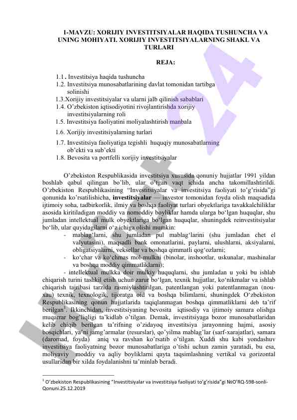 Xorijiy investitsiyalar haqida tushunchalar