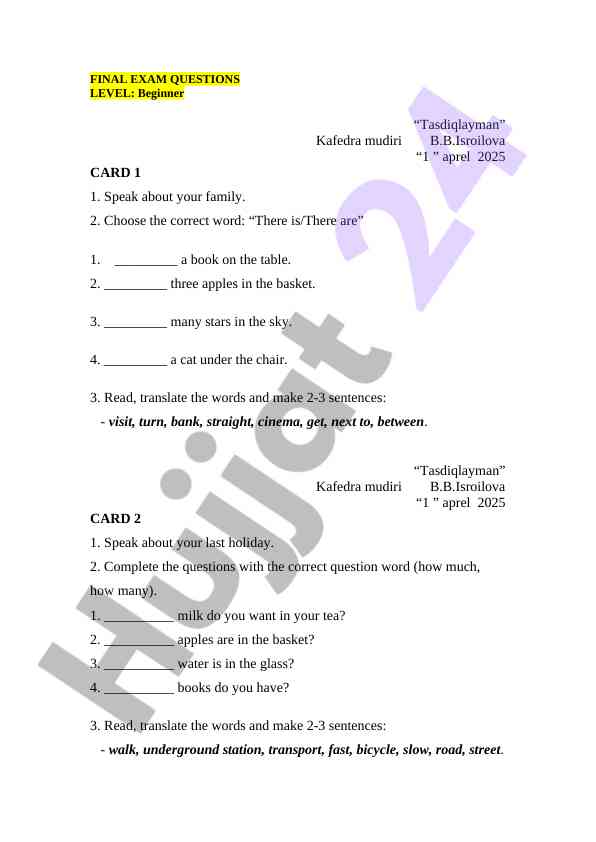 Beginner level final exam questions for english