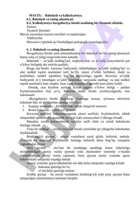 Baholash Va Kalkulyatsiya Mavzusi