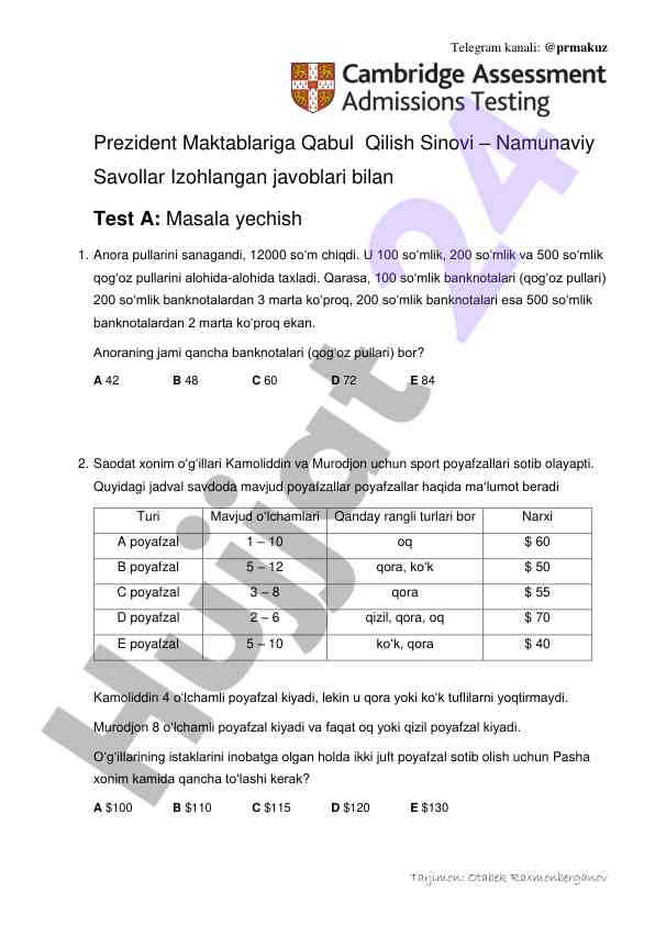 Prezident maktablariga qabul qilish sinovi savollar