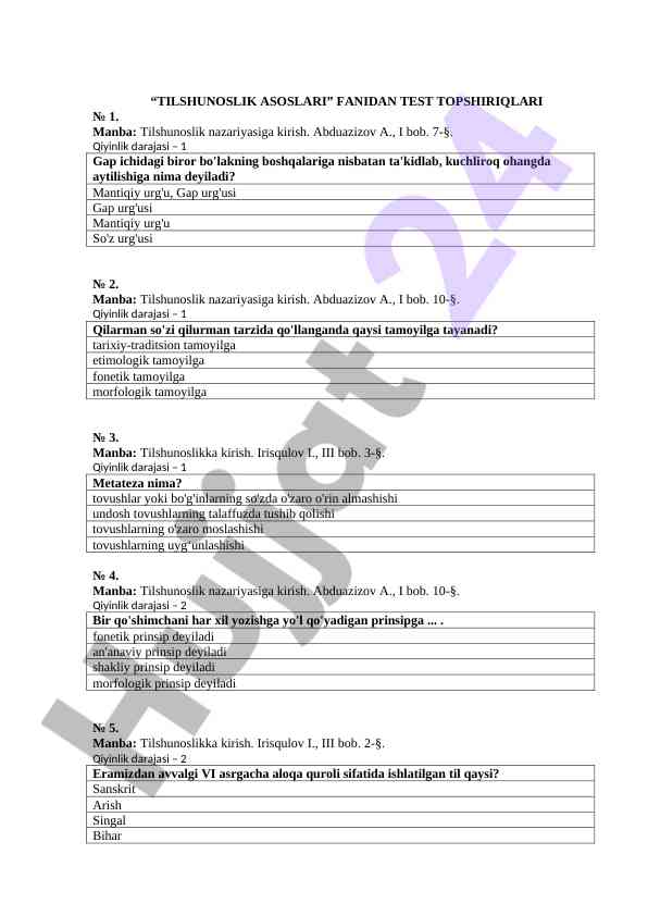 Tilshunoslik asoslari fanidan test topshiriqlari № 1