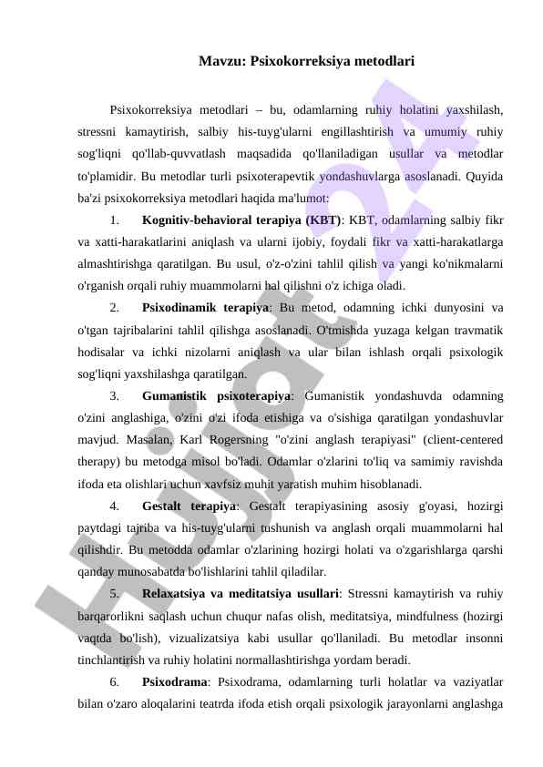 Psixokorreksiya metodlari va ularning ahmiyati