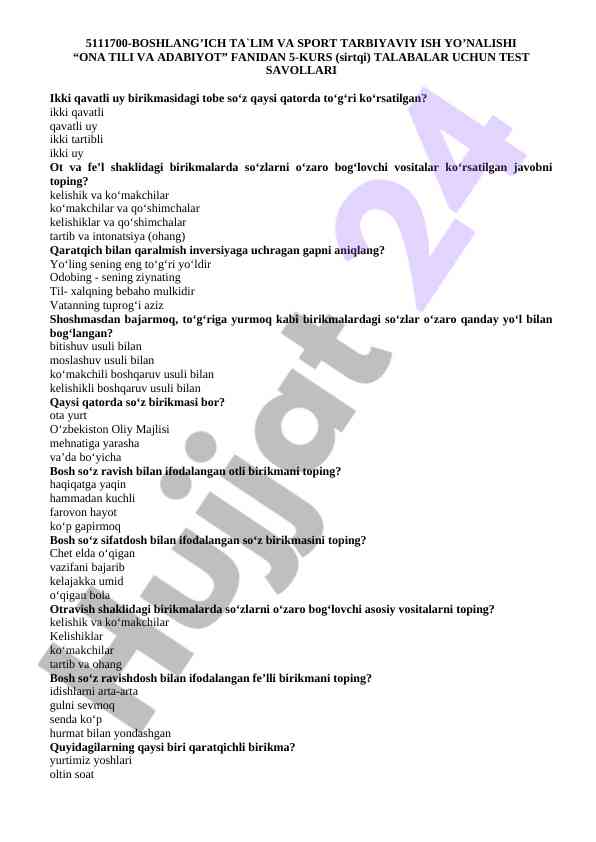 Ona tili va adabiyot fanidan test savollari