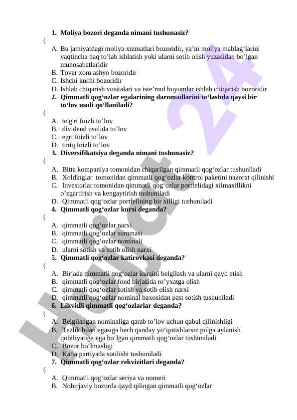 Moliya bozori va qimmatli qog'ozlar tahlili