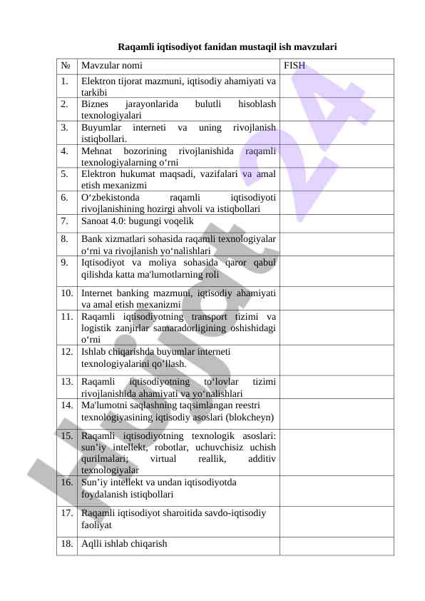Raqamli Iqtisodiyot Fanidan Mustaqil Ish Mavzulari