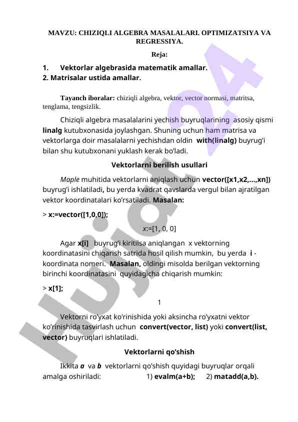 Chiziqli algebra masalalari: optimatsiya va regressiya