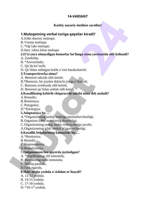Kasbiy nazariy-imtihon savollari