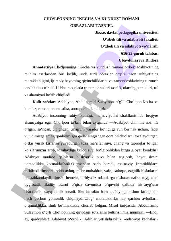 Cholponning kecha va kunduz romani obrazlari tasnifi