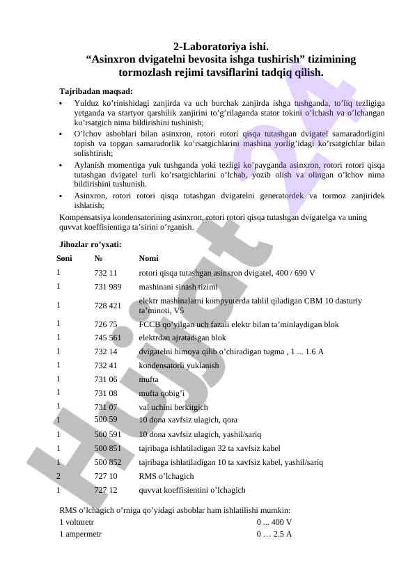 Asinxron dvigatel tizimining tormozlash rejimi