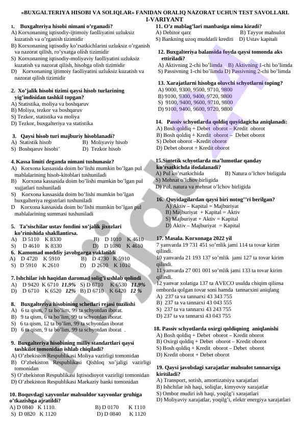 Buxgalteriya hisobi va soliqlar test savollari