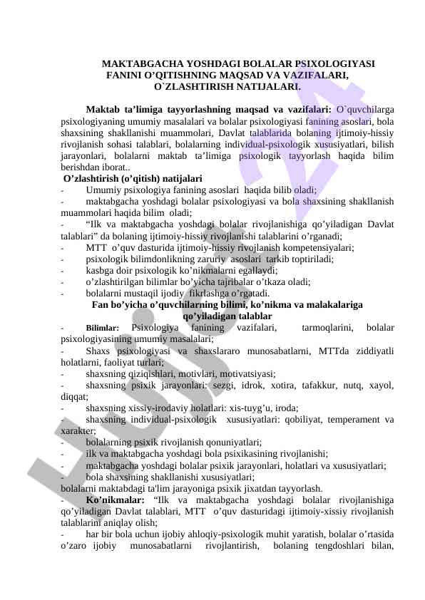 Maktabgacha yoshdagi bolalar psixologiyasi o'qitish maqsadlari