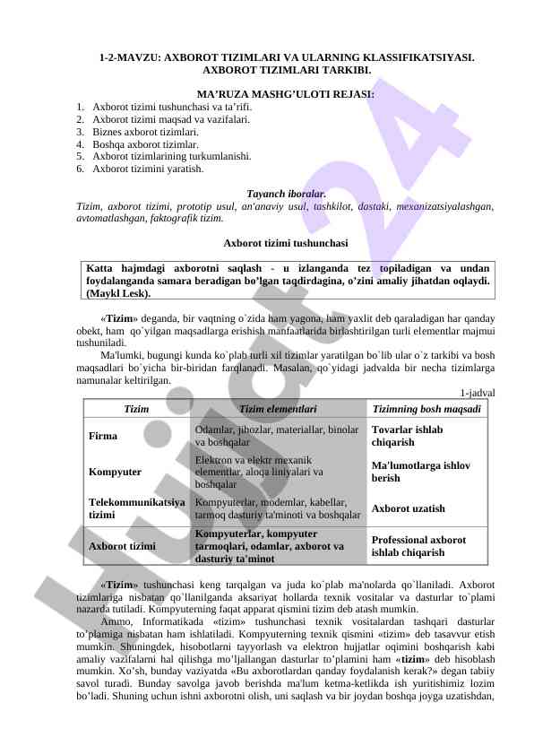 Axborot tizimlari va ularning klassifikatsiyasi