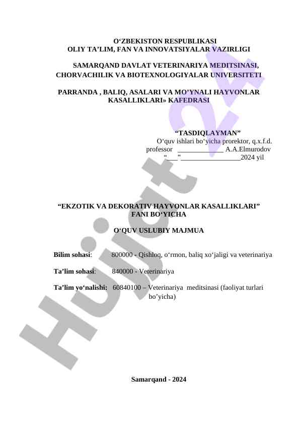 Ekzotik va dekorativ hayvonlar kasalliklari uslubiy majmua